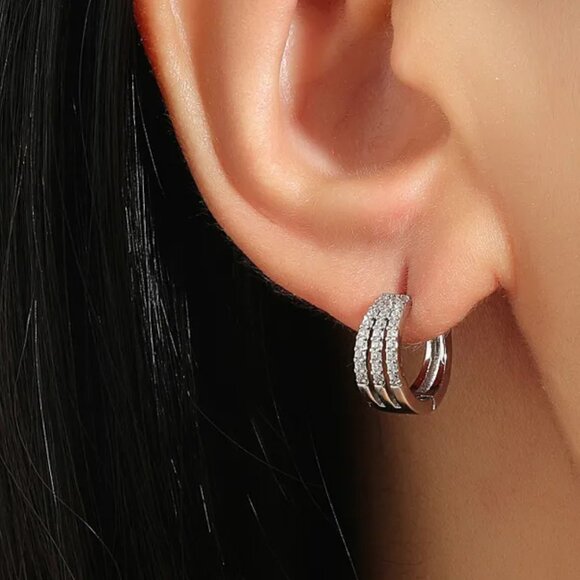 3/$35 Copper Triple Row Earrings Dainty Silver Cubic Zirconia CZ Hoop Huggies - Picture 1 of 6